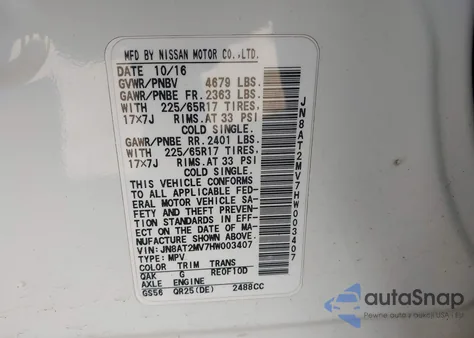 2017 Nissan Rogue S из США, поврежденный, VIN JN8AT2MV7HW003407